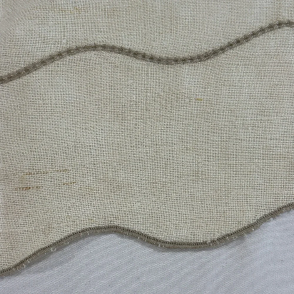 Vintage Linen Tablecloth Scalloped Edge Oatmeal Rectangular 56x74 Taupe Trim